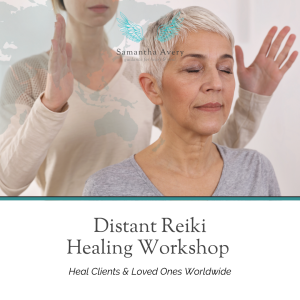 Mature woman receiving Reiki Heaki from a distance. World map in background represents sending healing across the world.
