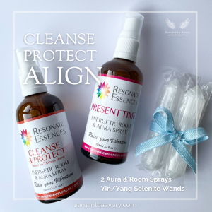 2 aura aromatherapy sprays and a pair of white selenite wands
