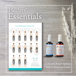 Reiki 1 Poster art with two Resonate essence Room and aura Sprays